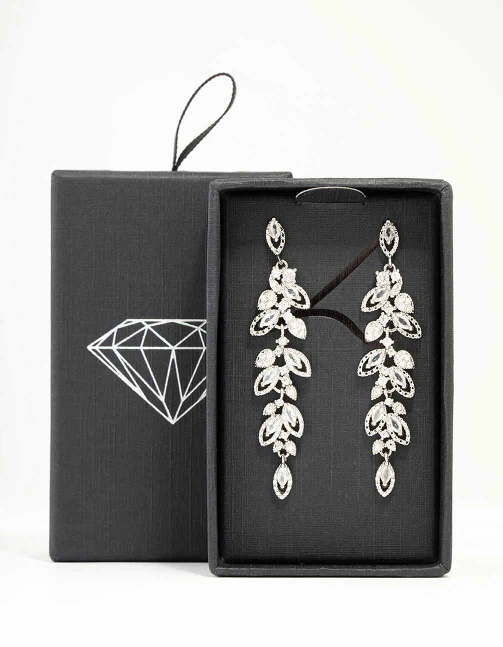 Rhodium Cubic Zirconia Cluster Leaf Drop Earrings
