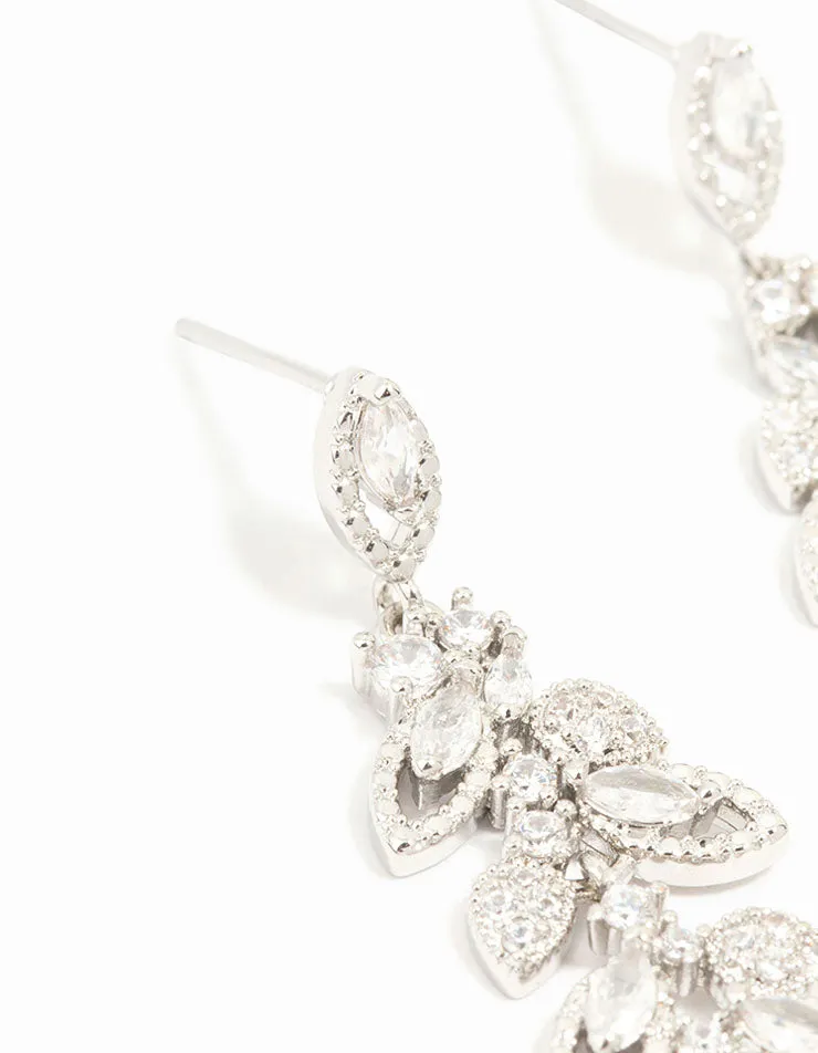 Rhodium Cubic Zirconia Cluster Leaf Drop Earrings