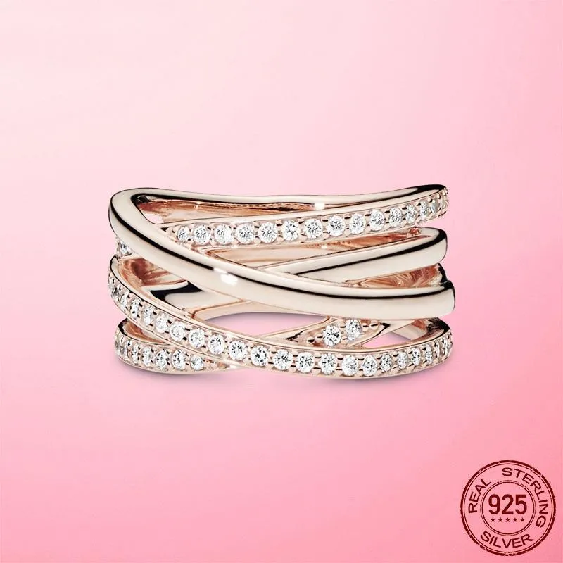 Silver Ring 925 Silver Sparkling & Polished Lines Rings for Women Rose Gold Color Pave Wedding Engagement Jewellery