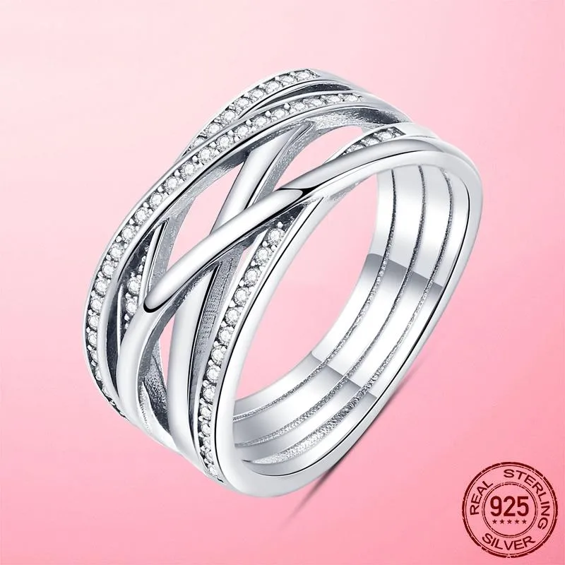Silver Ring 925 Silver Sparkling & Polished Lines Rings for Women Rose Gold Color Pave Wedding Engagement Jewellery