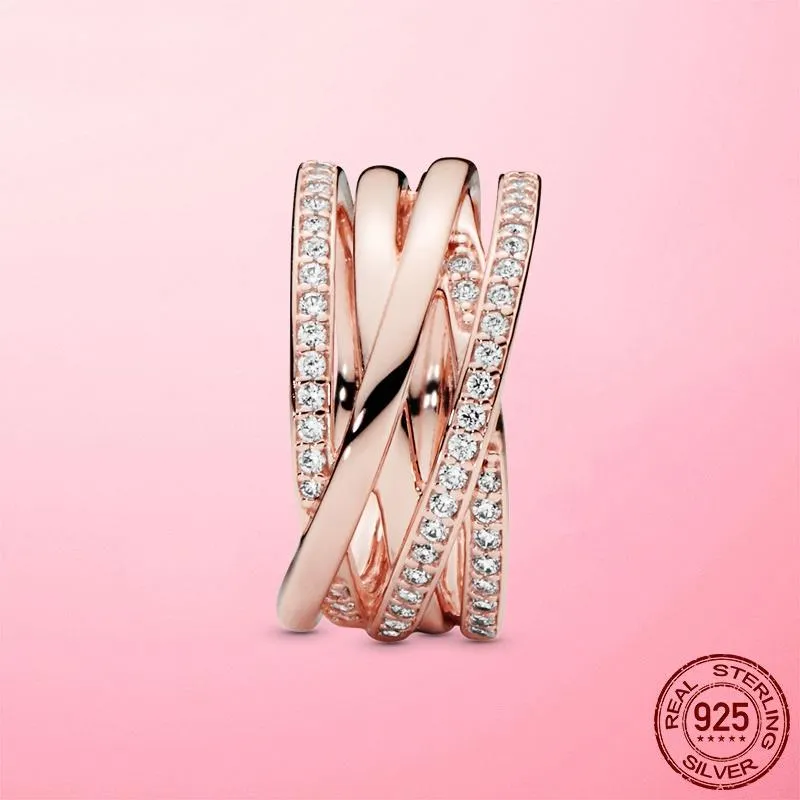 Silver Ring 925 Silver Sparkling & Polished Lines Rings for Women Rose Gold Color Pave Wedding Engagement Jewellery
