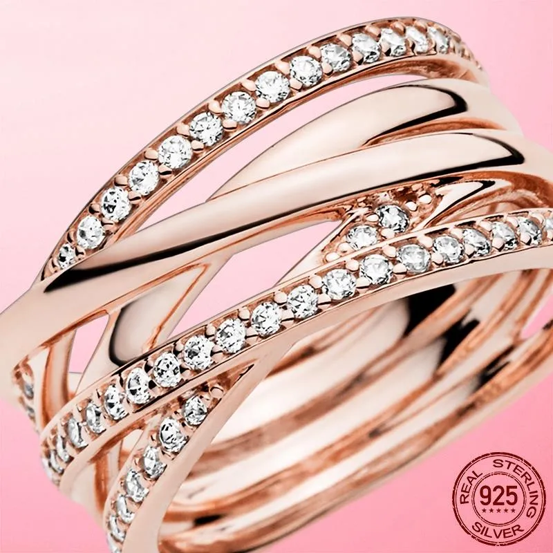 Silver Ring 925 Silver Sparkling & Polished Lines Rings for Women Rose Gold Color Pave Wedding Engagement Jewellery