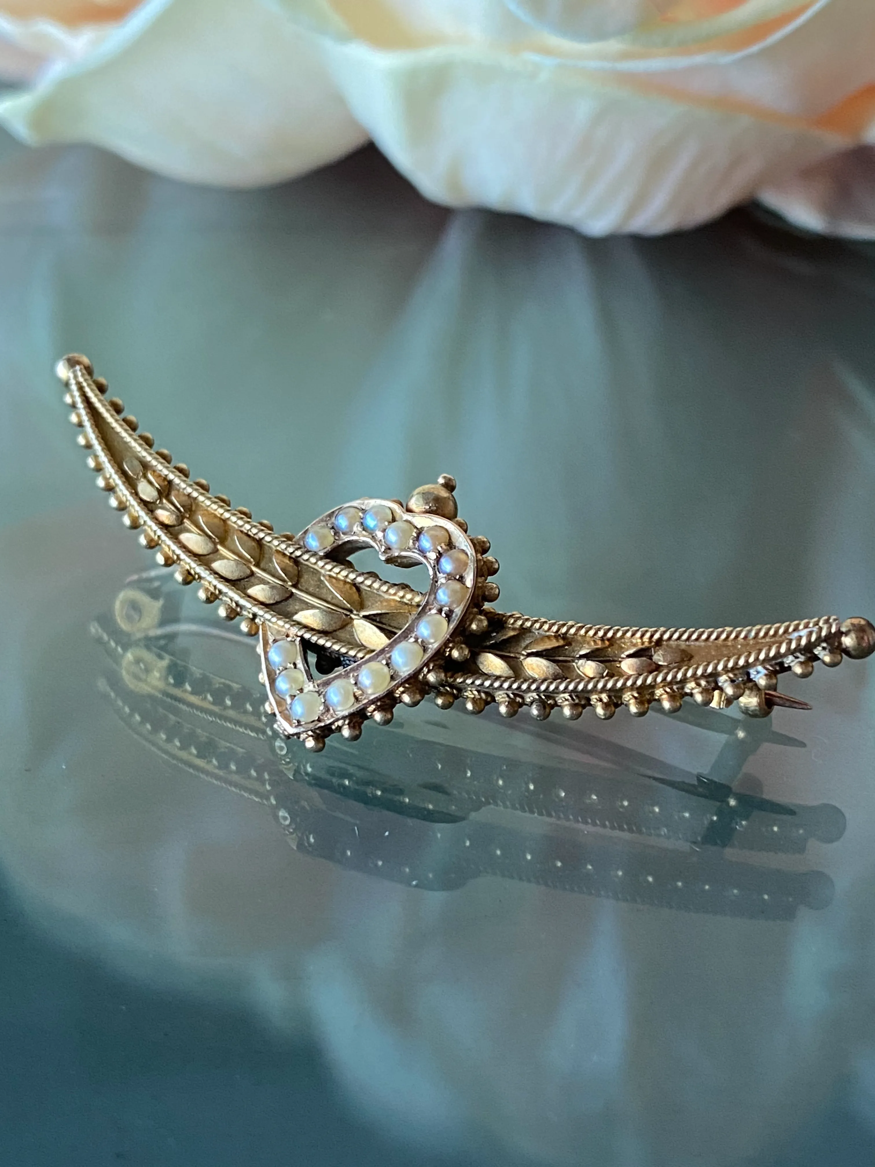 Victorian Etruscan Revival Cresent with Pearl Framed Heart 15ct Yellow Gold