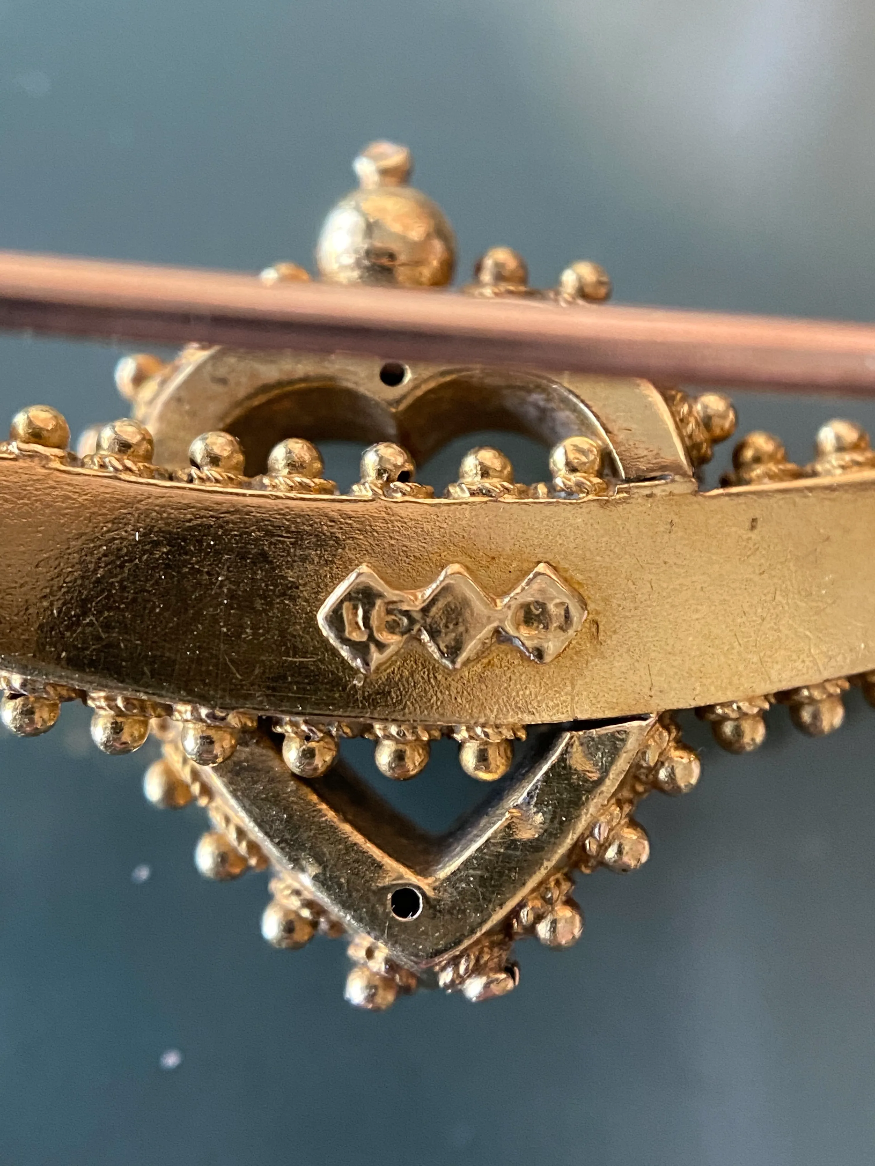 Victorian Etruscan Revival Cresent with Pearl Framed Heart 15ct Yellow Gold