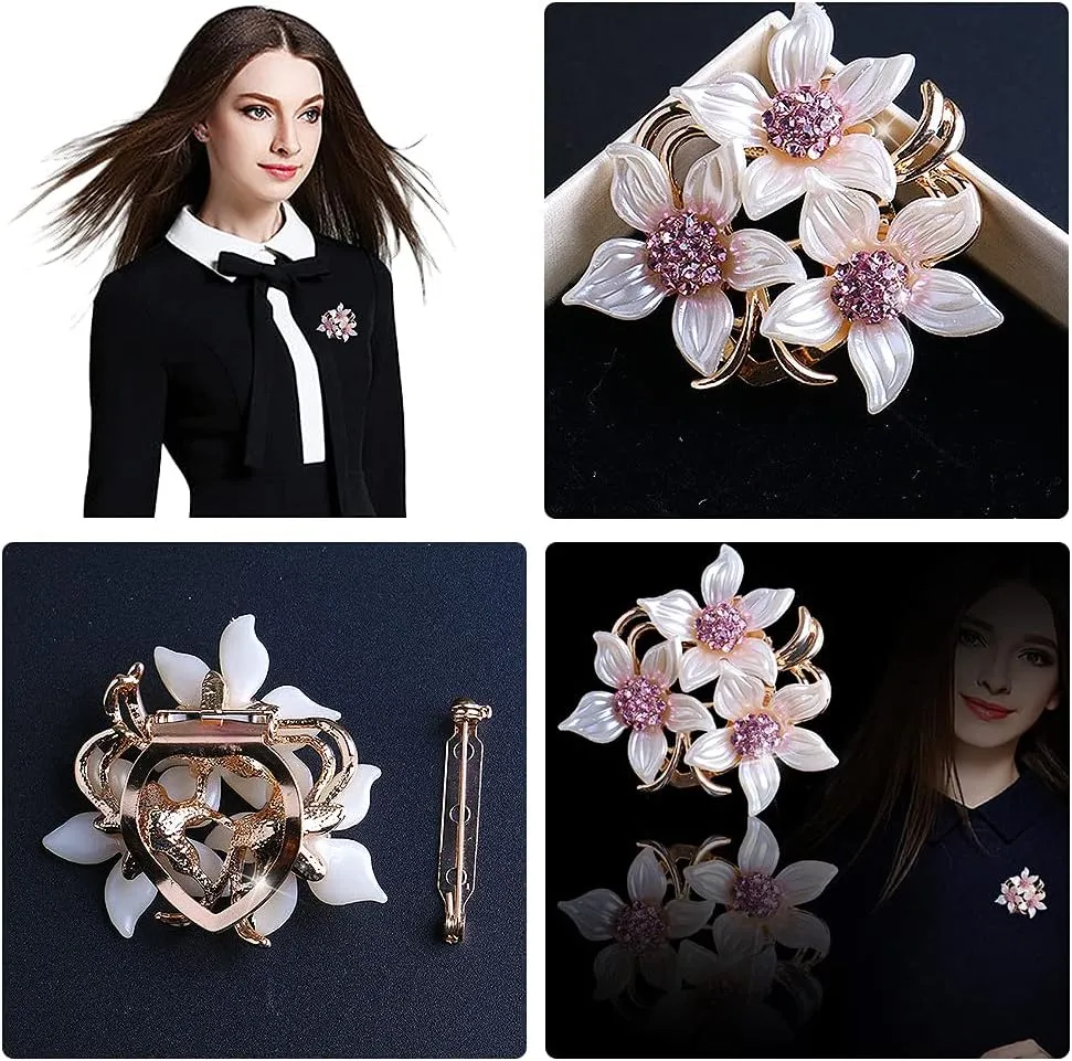Women's Crystal Pearl Flower Brooches Elegant Enamel Rhinestone Floral Statement Brooch Pins Fashion Jewelry Accessories for Women Gift Gold